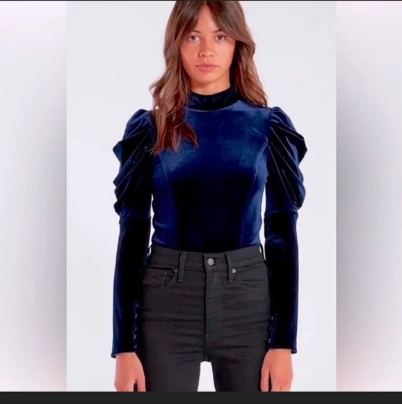 MISA Los Angeles Blue Velvet Bodysuit NWT MSRP $370 Long Sleeve Mock neck - Picture 1 of 9